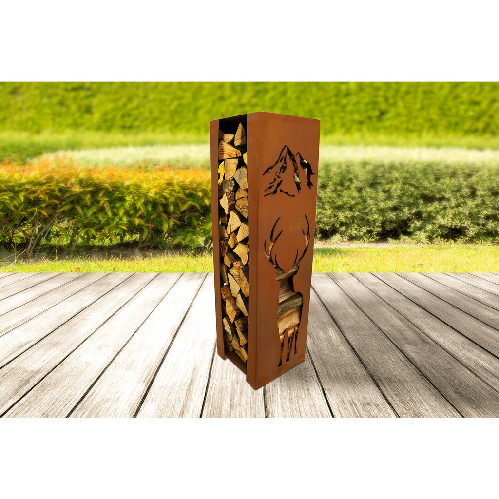 Holzlege Hirsch - Edelrost Holzaufbewahrung Holzregal Dekoration