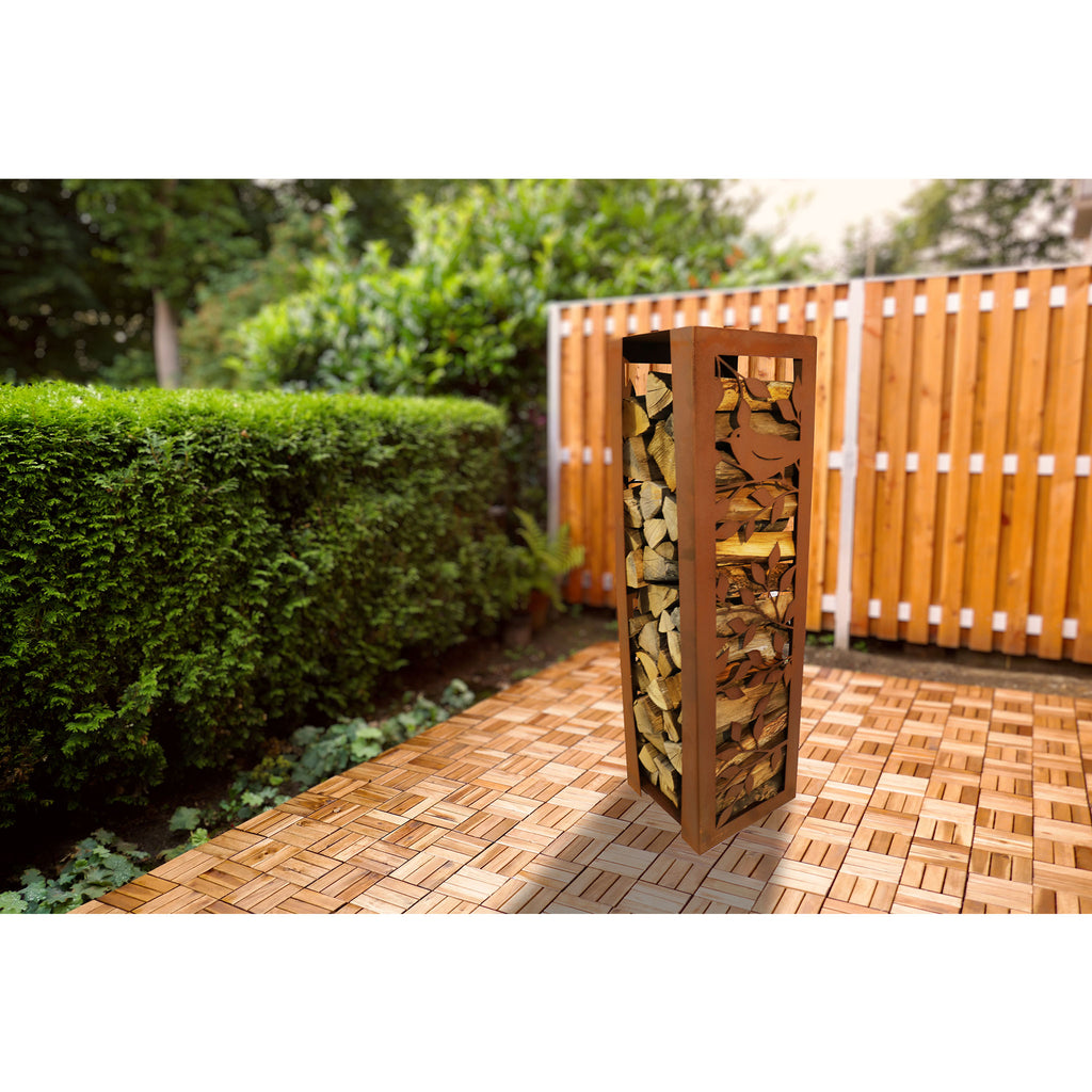 Holzlege Edelrost Vogel - Design Holzaufbewahrung Edelrost Patina, Rost Deko