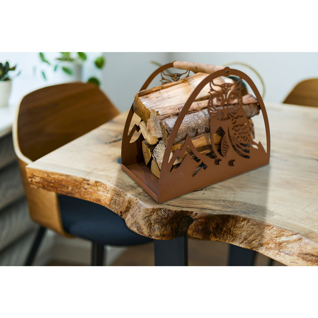 Holztrage Edelrost Eule - Kaminholzkorb Metall Rustikale Holzaufbewahrung