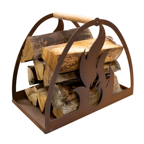 Holztrage Edelrost Flamme - Kaminholzkorb Rost Edle Holzaufbewahrung
