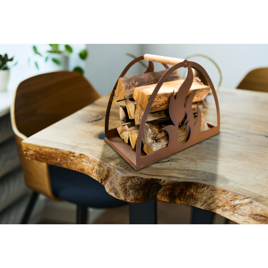 Holztrage Edelrost Flamme - Kaminholzkorb Rost Edle Holzaufbewahrung