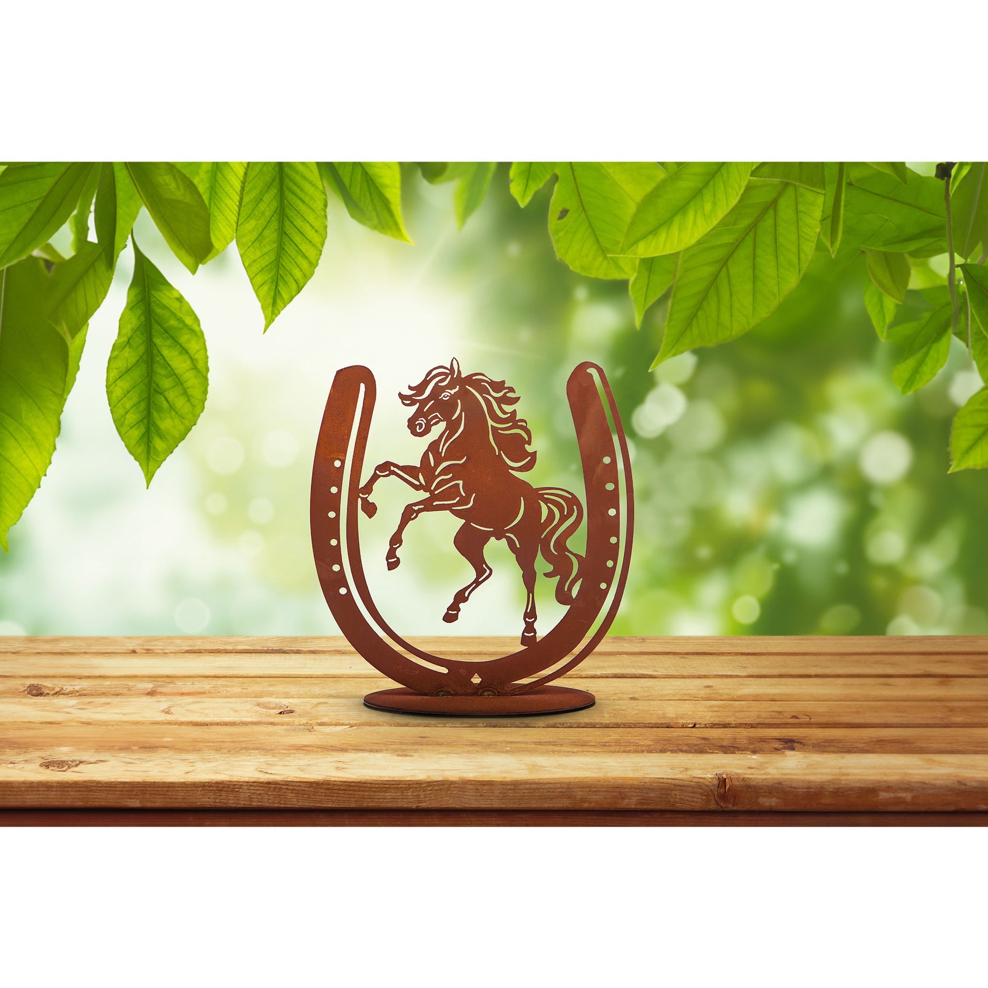 Hufeisen mit Pferd aus Metall - Pferdefigur Rostdeko auf Platte Geschenkidee
