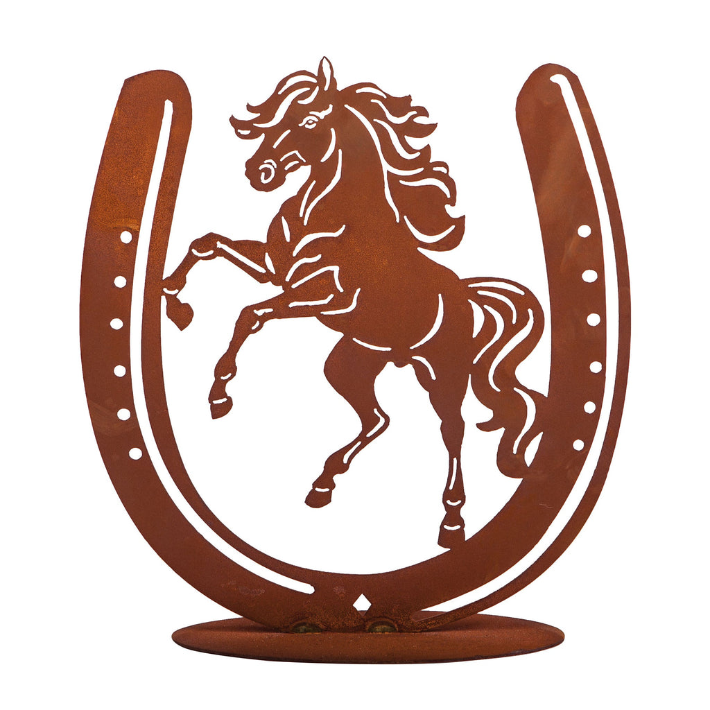 Hufeisen mit Pferd aus Metall - Pferdefigur Rostdeko auf Platte Geschenkidee