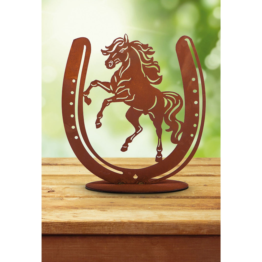 Hufeisen mit Pferd aus Metall - Pferdefigur Rostdeko auf Platte Geschenkidee