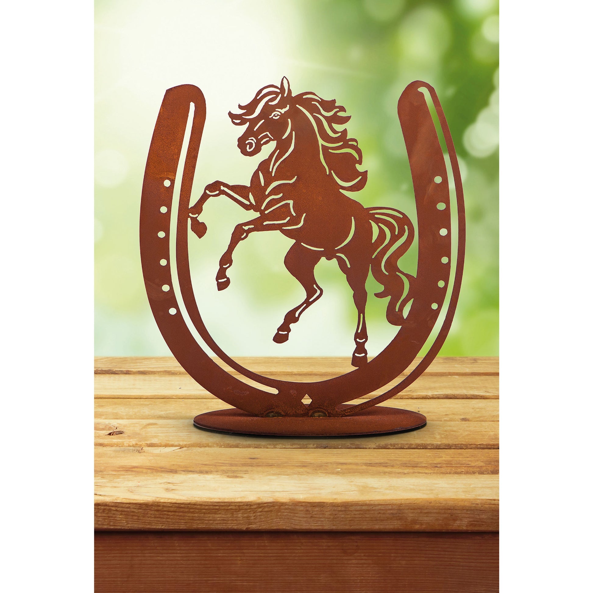 Hufeisen mit Pferd aus Metall - Pferdefigur Rostdeko auf Platte Geschenkidee