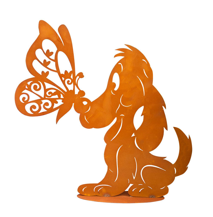 Tierfigur Metall - Hund mit Schmetterling - Edelrost Deko Hundefreund