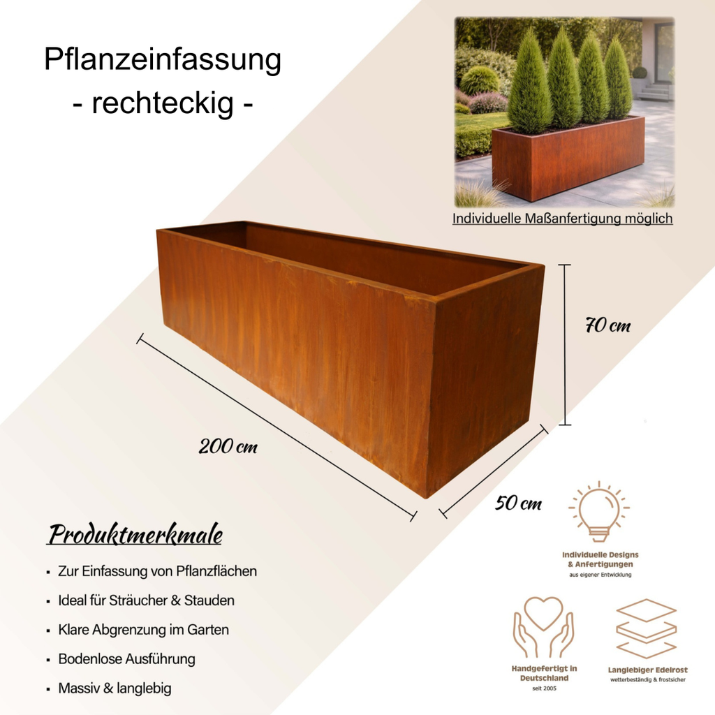 Pflanzeinfassung rechteckig Edelrost 200x70x50 cm - moderne Beetumrandung