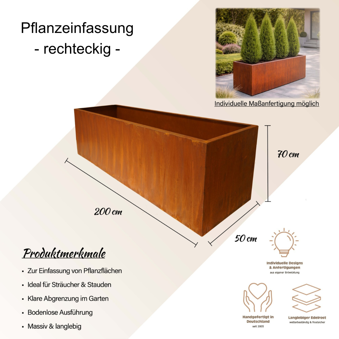 Pflanzeinfassung rechteckig Edelrost 200x70x50 cm - moderne Beetumrandung