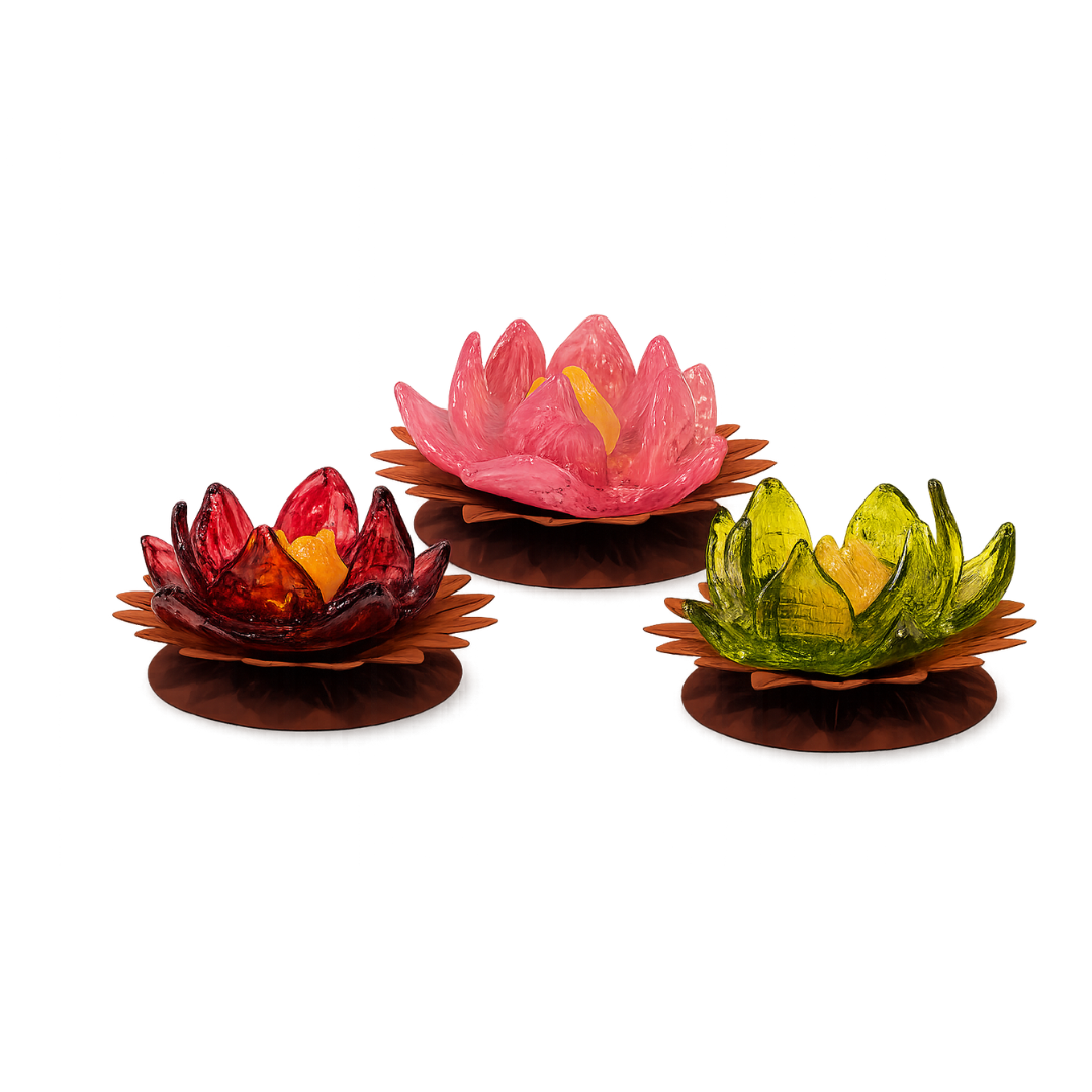 Glasblume Dahlie Glasdahlien 3er-Set aus Glas auf Edelrost Weinrot, Rosa & Grün
