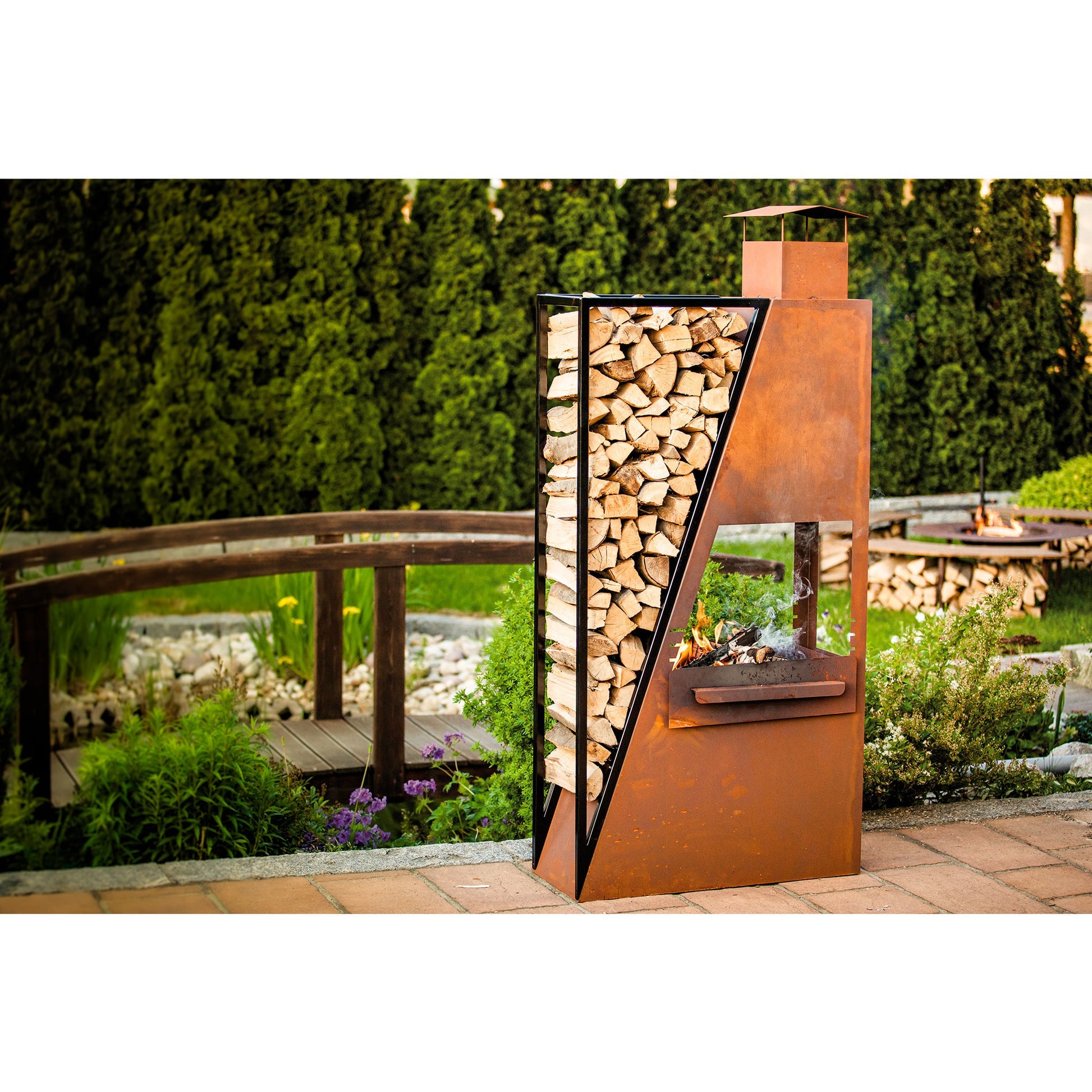 Grill Grillstelle Feuerstelle Holzkohlegrill XL Barbecue aus Metall mit Holzlege