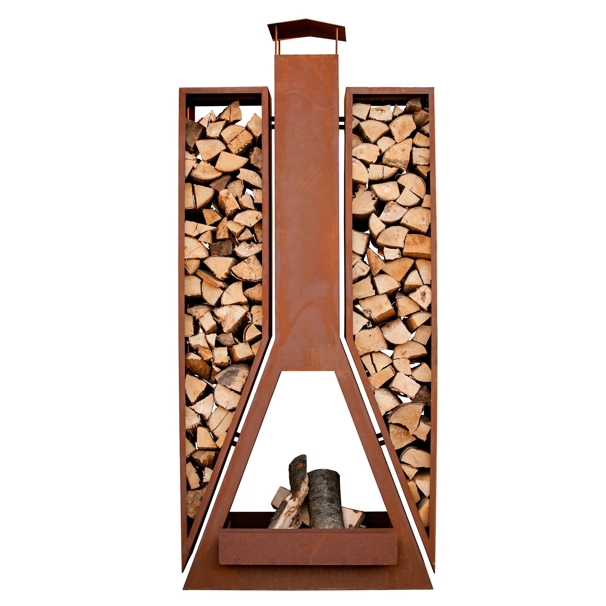 Feuerstelle Kaminofen - Twin aus Metall im Edelrost Design mit Holzlege