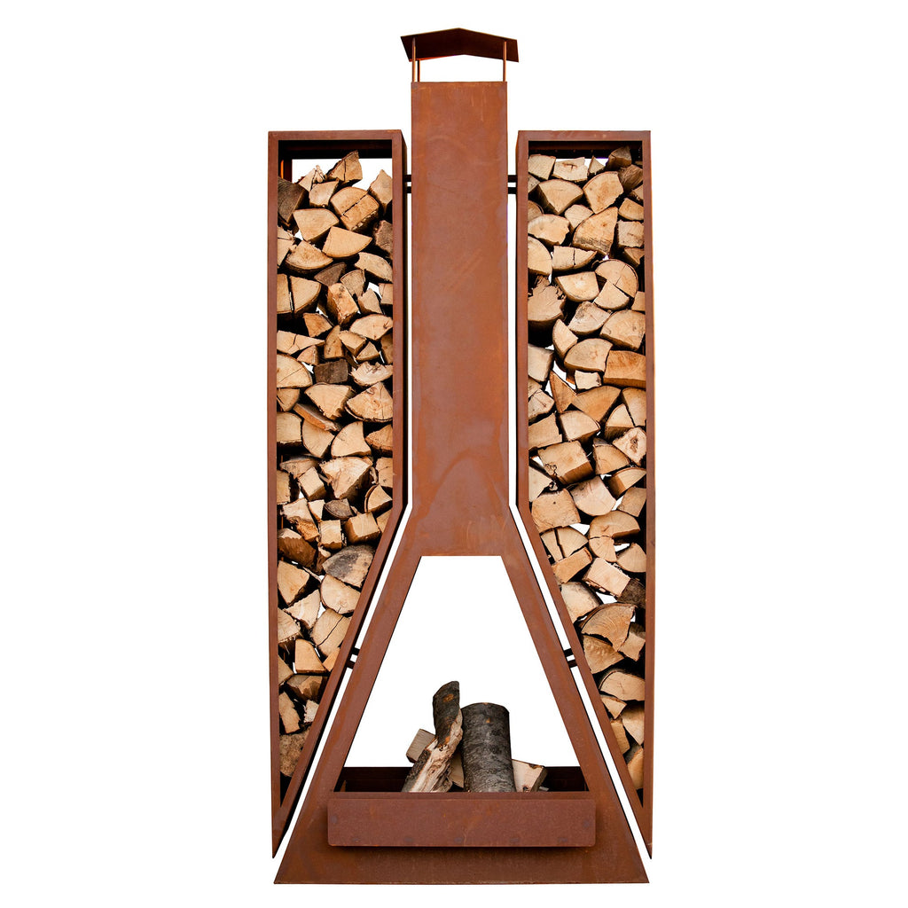 Feuerstelle Kaminofen - Twin aus Metall im Edelrost Design mit Holzlege