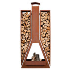 Feuerstelle Kaminofen - Twin aus Metall im Edelrost Design mit Holzlege