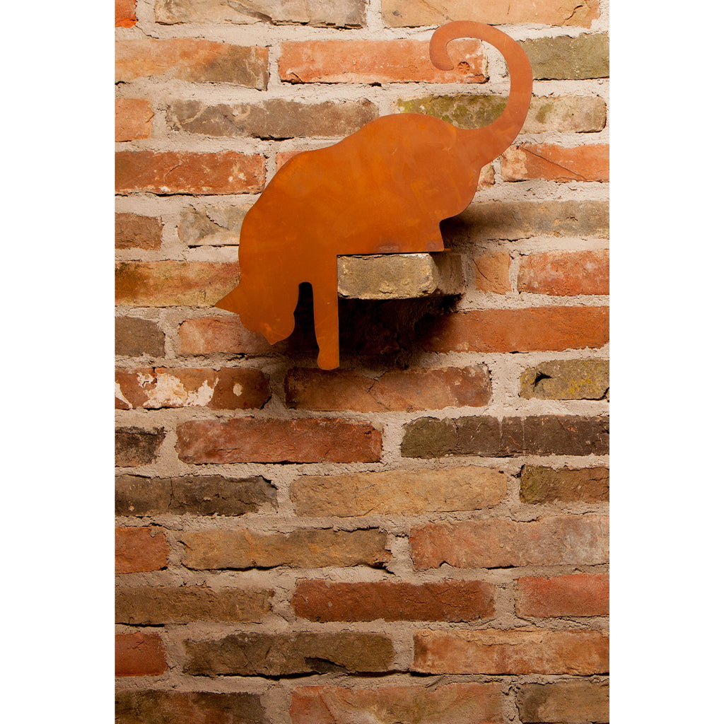 Tierfigur Metall - Kantenhocker Katze angelnd - Edelrost Katzenfigur Gartenfigur