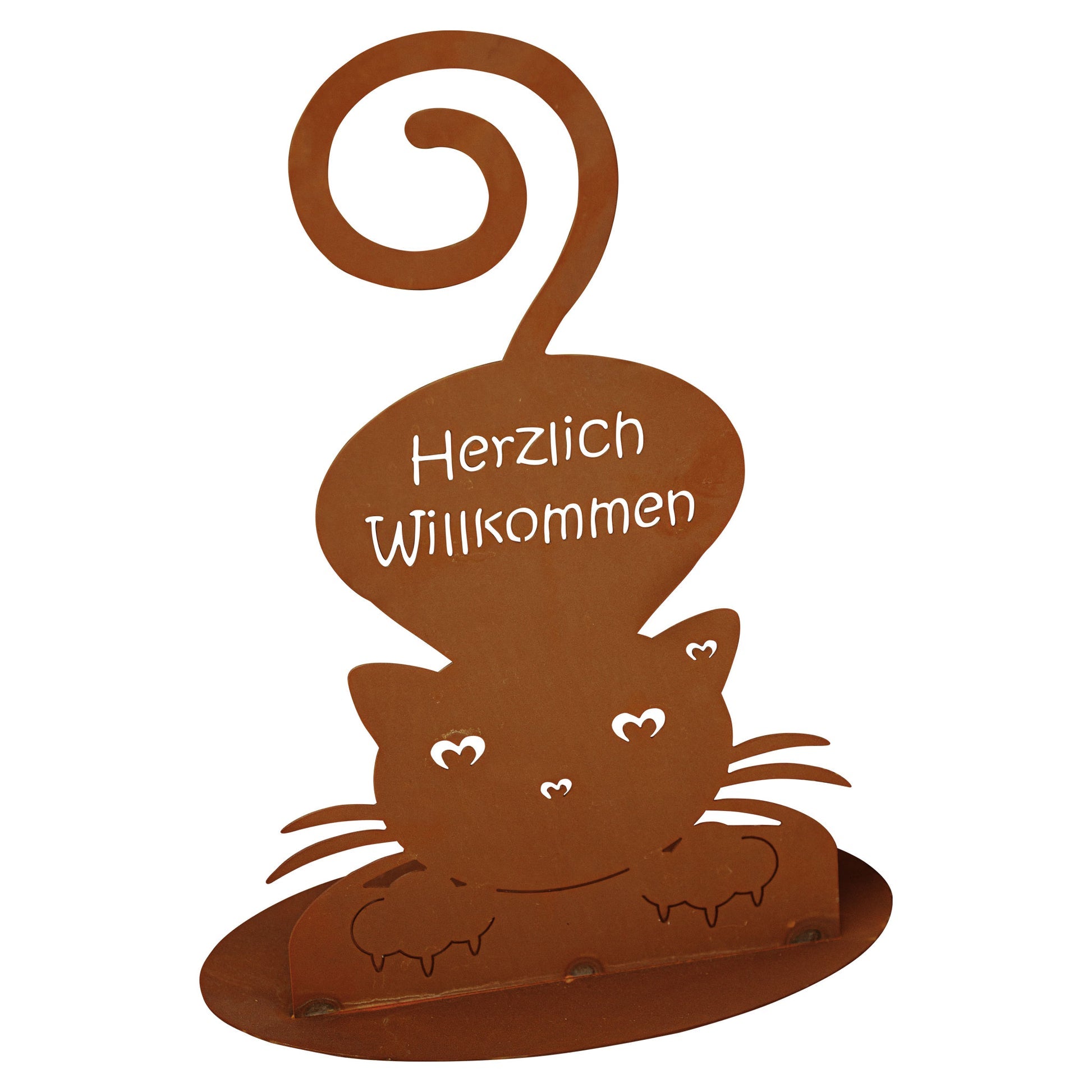 Tierfigur aus Metall - Katze Herzlich Willkommen - Edelrost Deko Katze auf Platte
