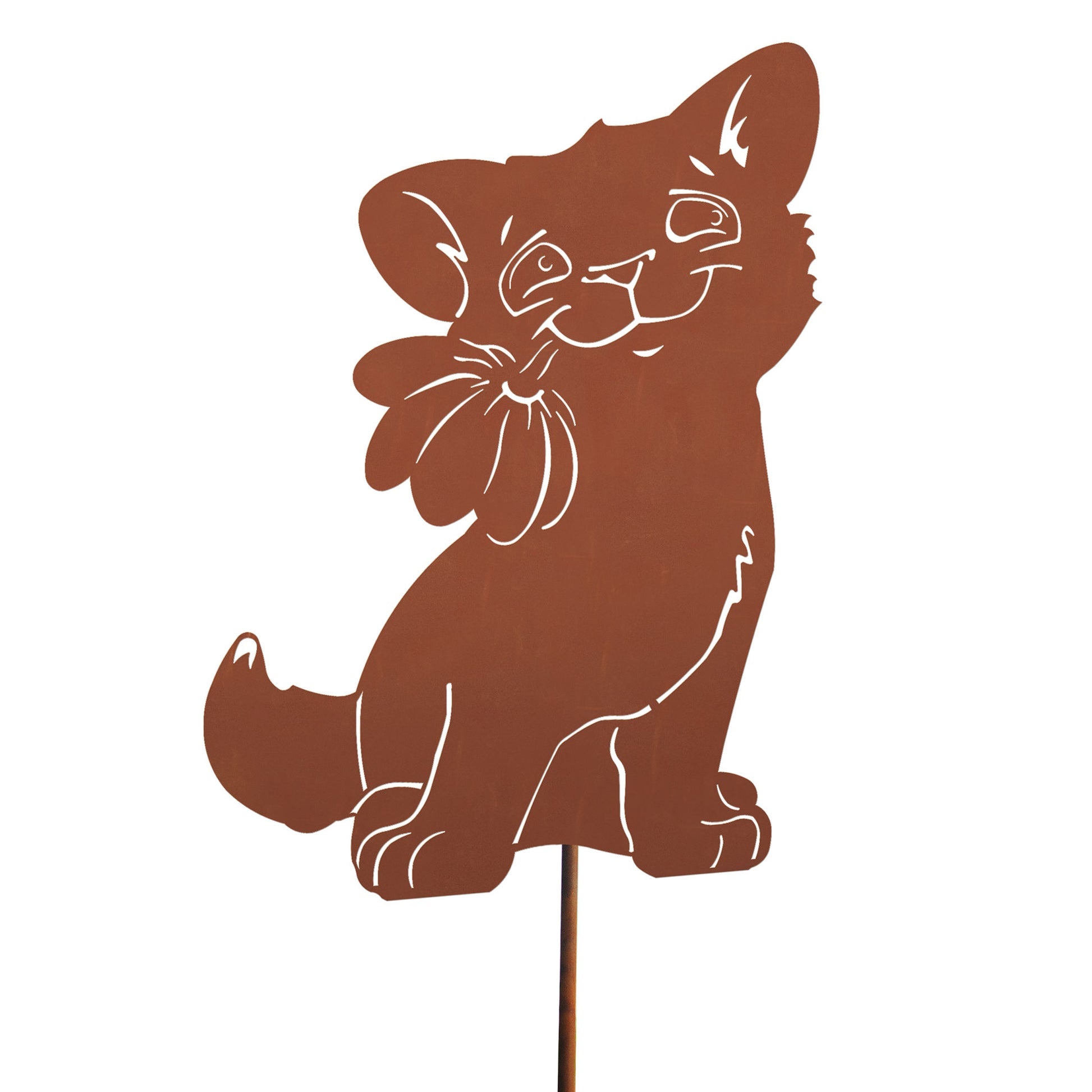 Katzenfigur Metall - Katze mit Blume - Tierskulptur Edelrost Katzenliebhaber