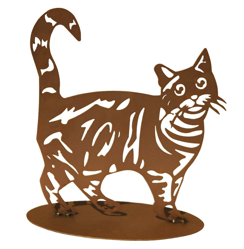 Tierfigur Metall - Katze Tiger - Edelrost Katze getigert auf Platte oder Stab