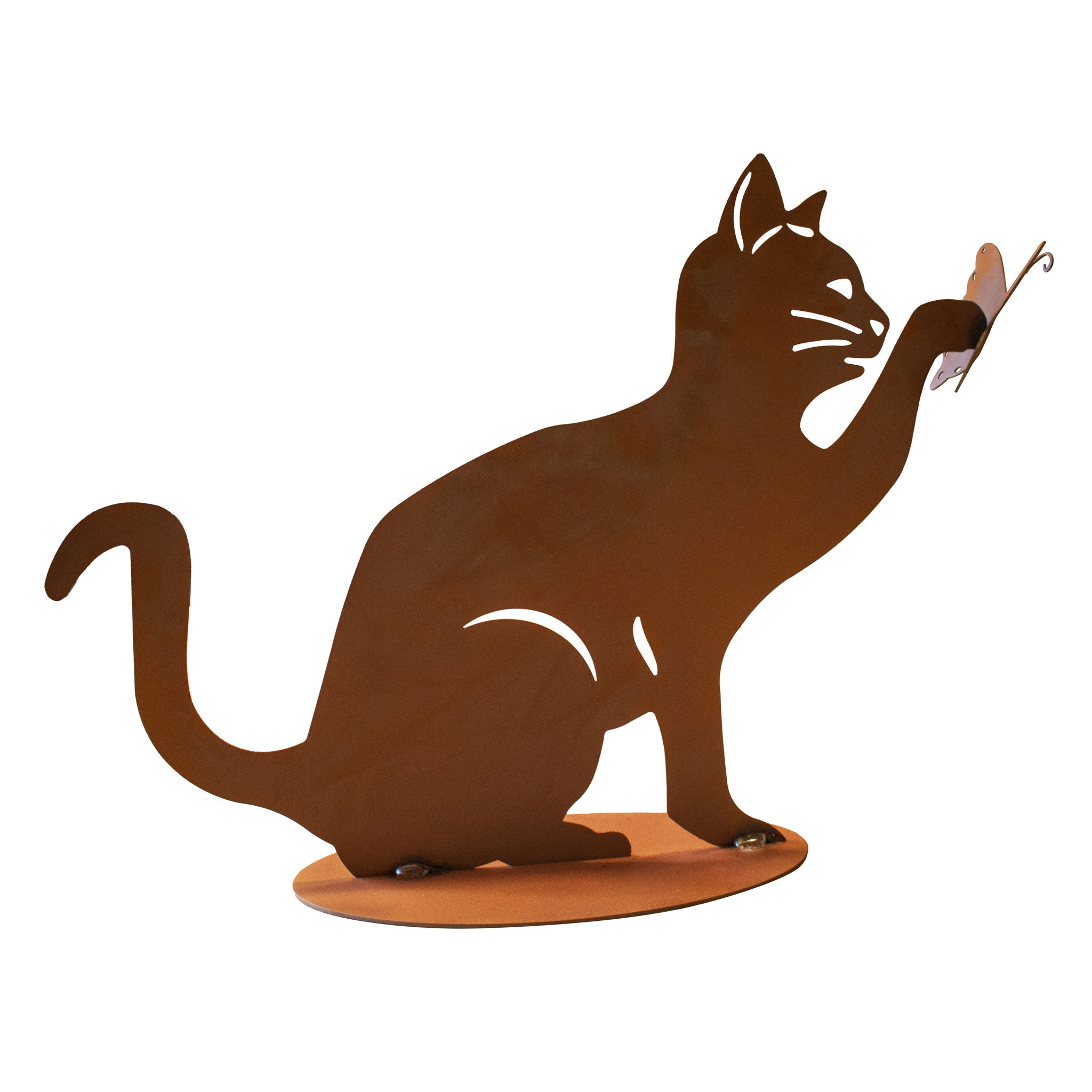 Tierfigur Metall - Katze fängt Schmetterling - Edelrost Katzenfigur Rost Deko Katze