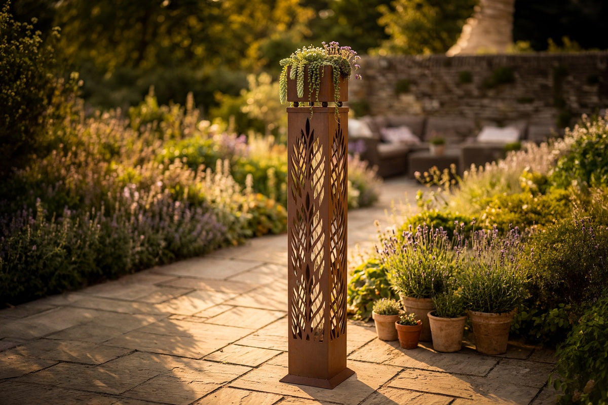 Leuchtsäule Blätter aus Edelrost mit LED-Solarbeleuchtung H:124 cm Pflanzsäule