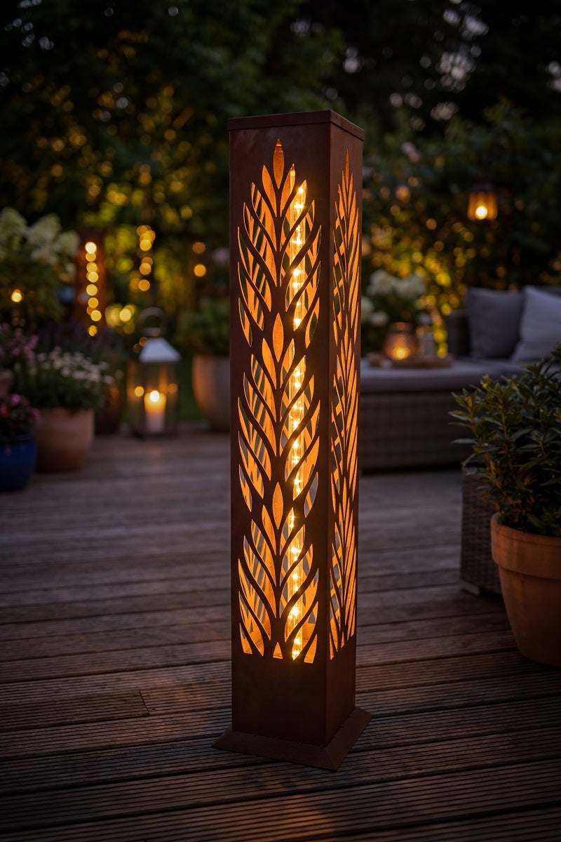 Leuchtsäule Blätter aus Edelrost mit LED-Solarbeleuchtung H:124 cm Pflanzsäule