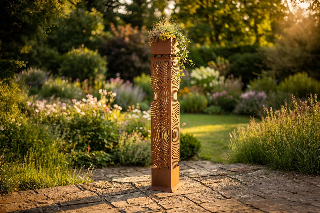 Leuchtsäule Orbita aus Edelrost mit Solar-LEDs Höhe 124 cm, Pflanzsäule