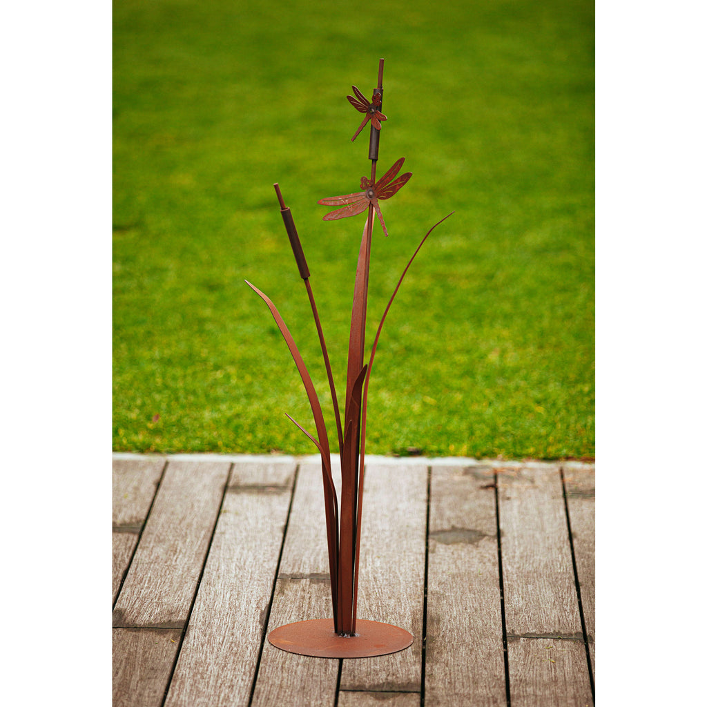 Blume Metall - Libellenschilf auf Platte - Edelrostblume mit Libellen Deko Garten