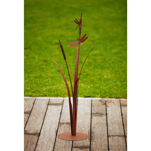Blume Metall - Libellenschilf auf Platte - Edelrostblume mit Libellen Deko Garten