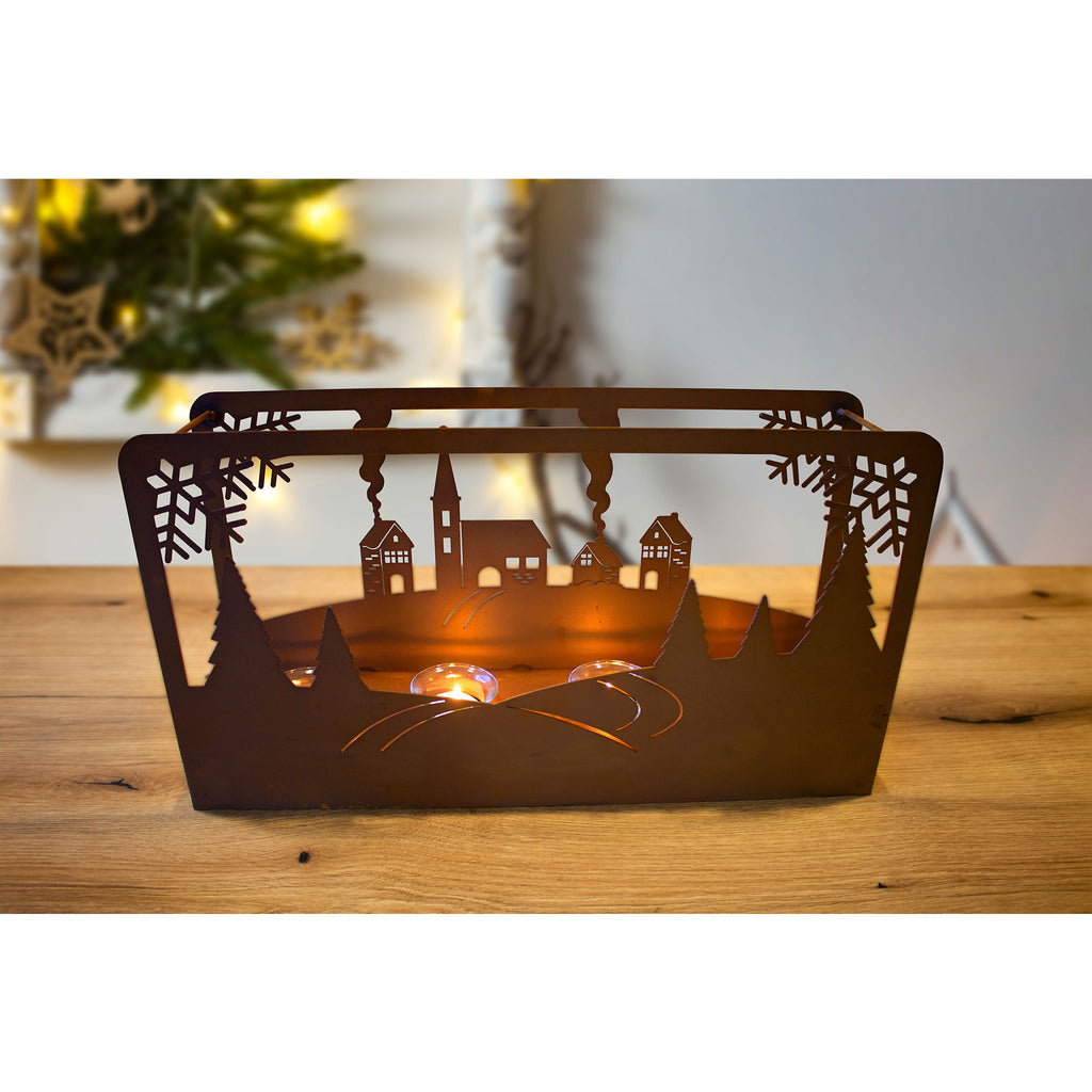 "LICHTERKASTEN - WINTERLANDSCHAFT" Edelrost Teelichthalter, Adventskranz Metall
