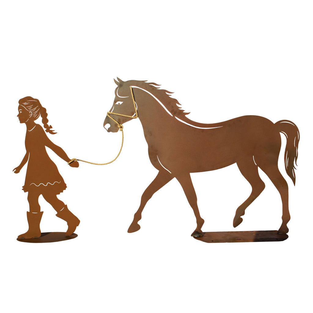 Metall Skulptur - Mädchen mit Pferd - Edelrost Tierfigur Pferdeliebhaber