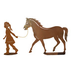 Metall Skulptur - Mädchen mit Pferd - Edelrost Tierfigur Pferdeliebhaber