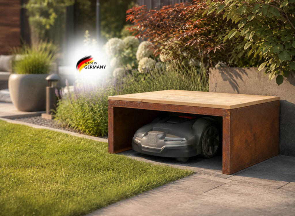 Mährobotergarage für den Garten aus Edelrost, 3 Varianten Made in Germany