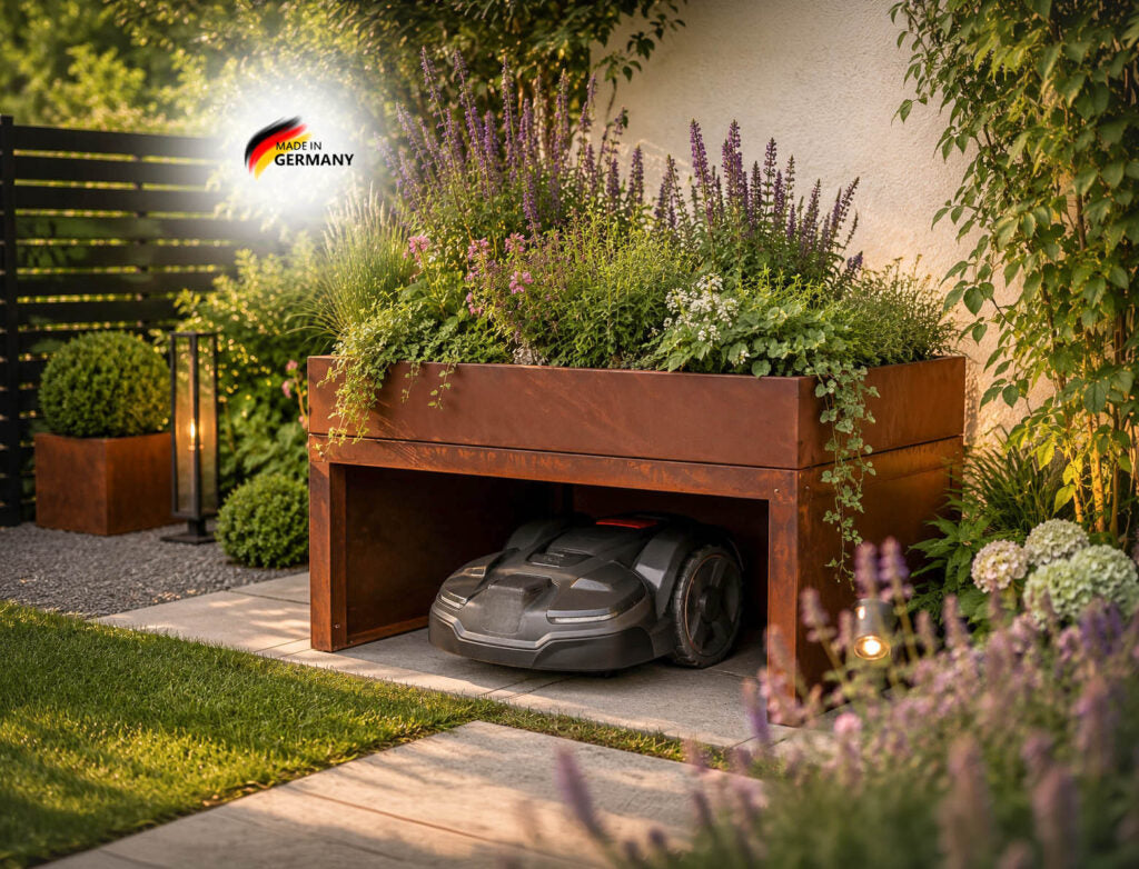 Mährobotergarage für den Garten aus Edelrost, 3 Varianten Made in Germany