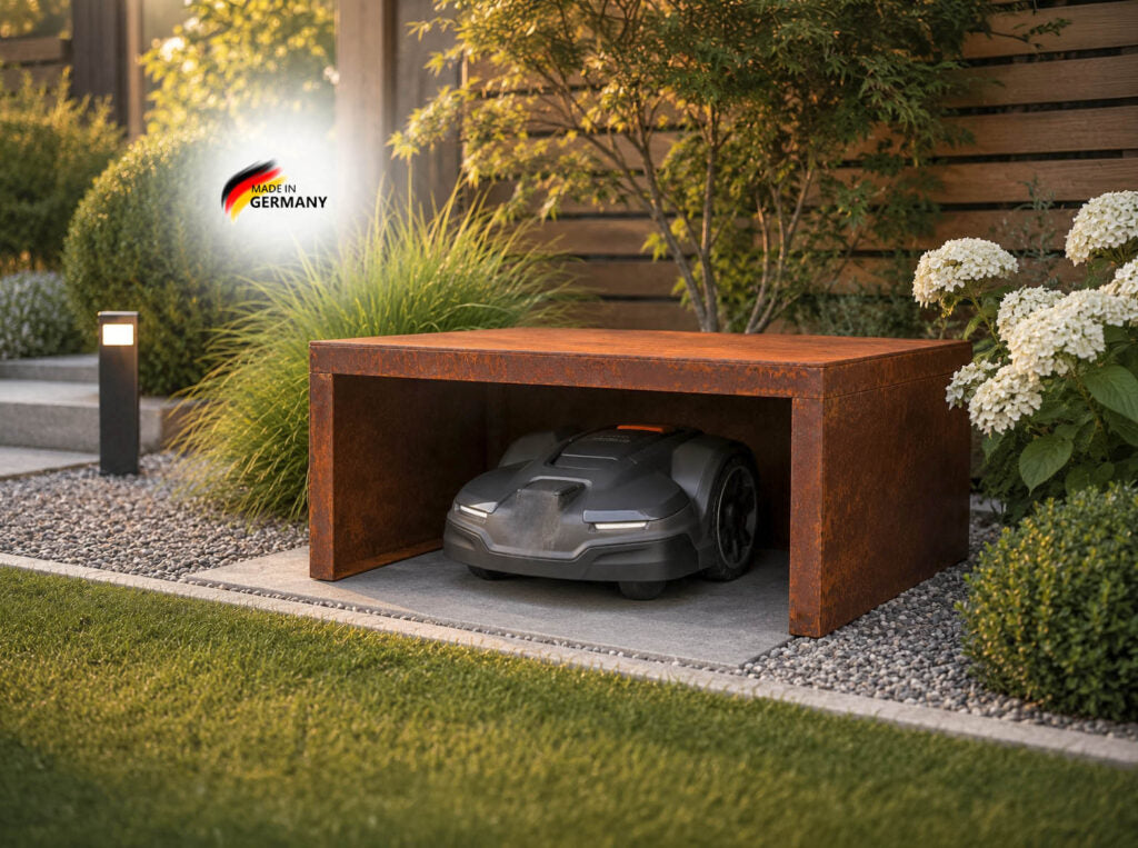 Mährobotergarage für den Garten aus Edelrost, 3 Varianten Made in Germany