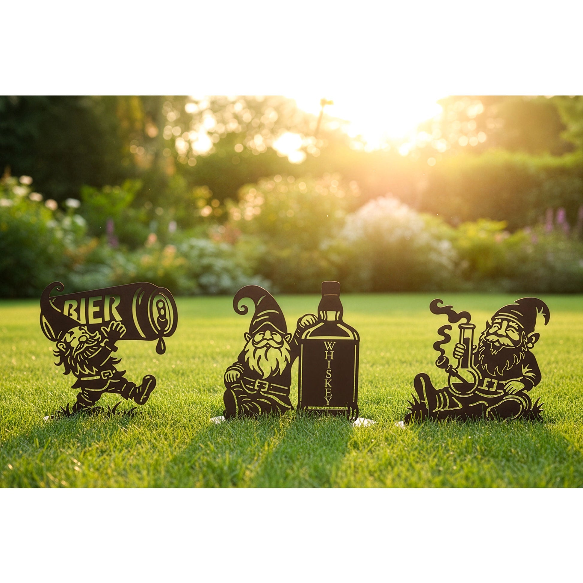 Party-Wichtel Set Bier, Whiskey & Bong – Edelrost Figuren auf Platte (3-teilig)