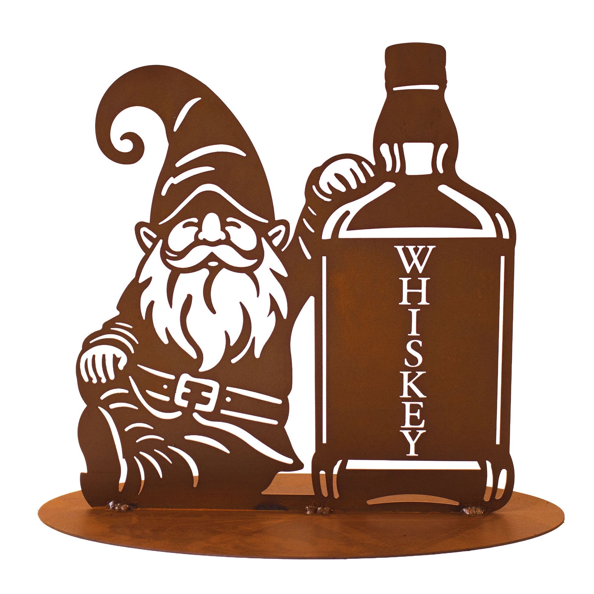 Party-Wichtel Set Bier, Whiskey & Bong – Edelrost Figuren auf Platte (3-teilig)