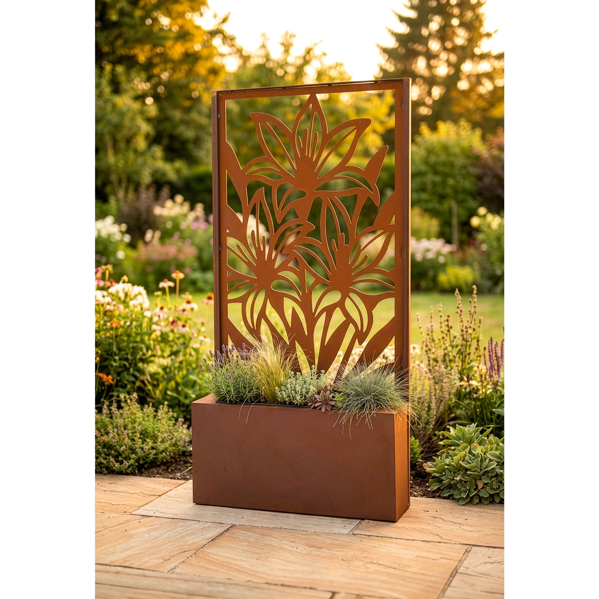 Pflanztrog für Sichtschutzwände Metall Edelrost mit Blumenkasten 100×50×23 cm