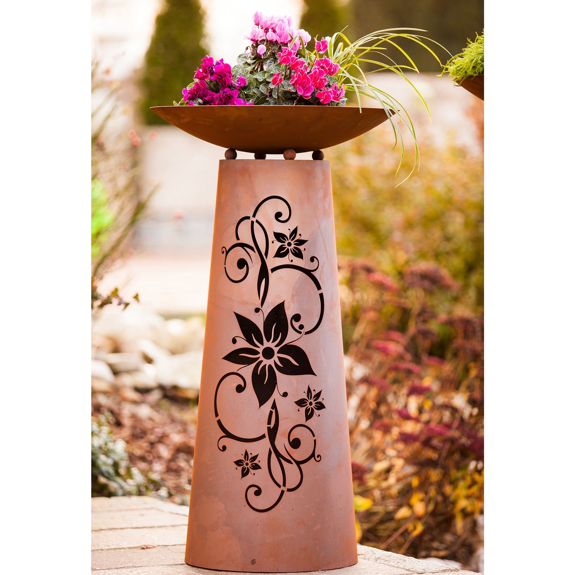 Säule Kegel Blüte - Rostsäule mit Dekoschale Edelrost Pflanzsäule, Gartensäule