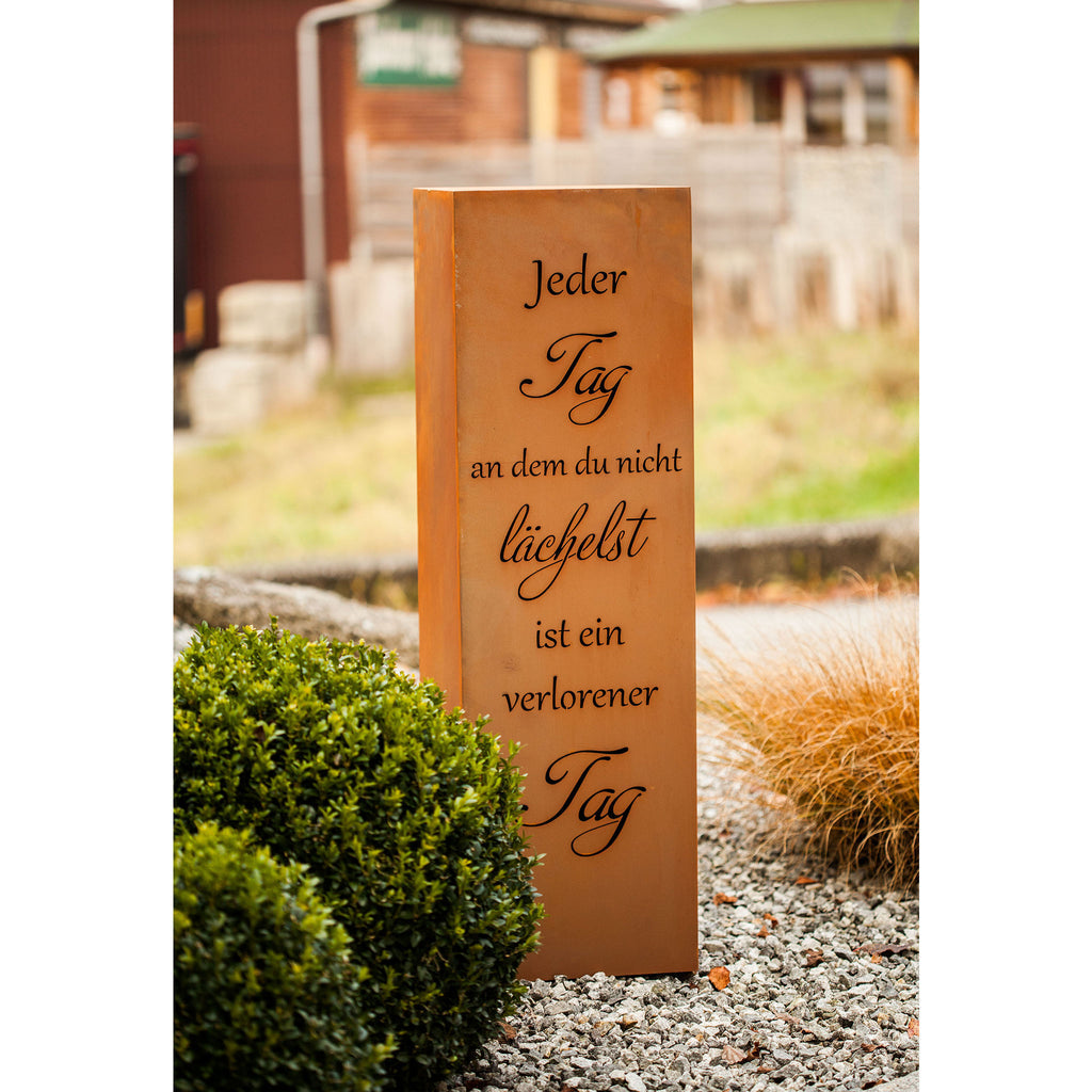 Spruchsäule Säule Gedicht - Ein Tag ohne Lächeln - Edelrost Gartensäule