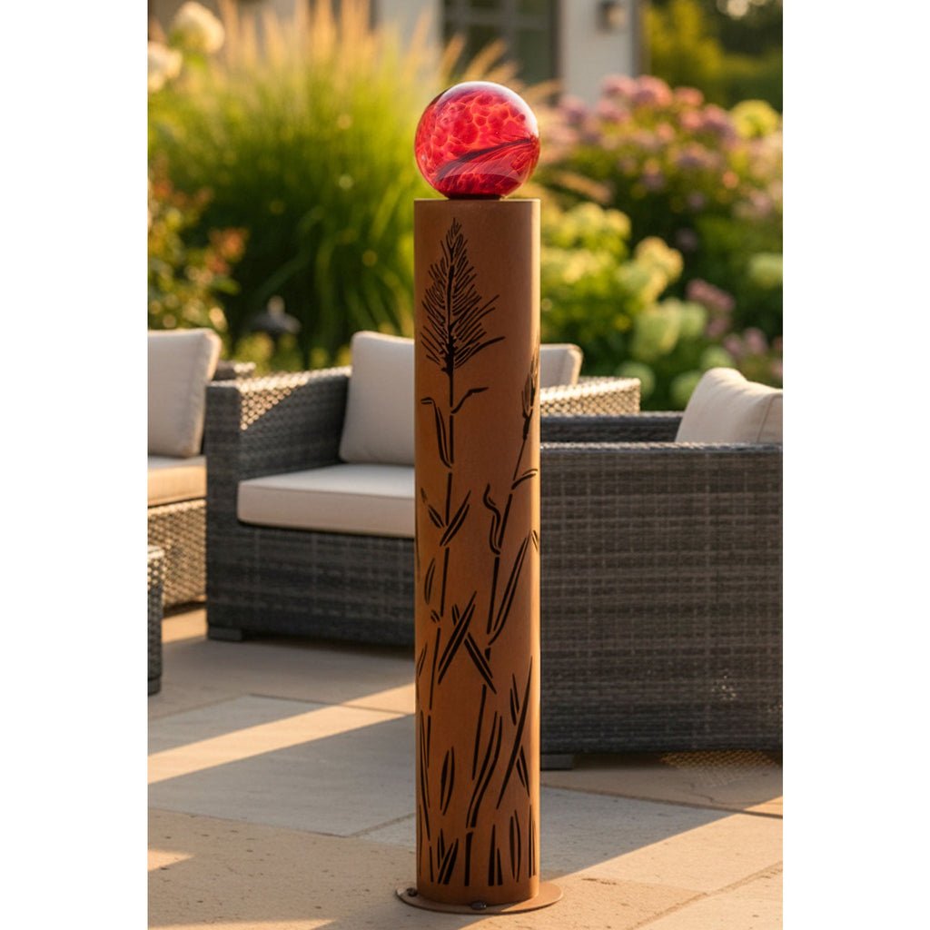 Säule China mit Glaskugel Edelrost Gartensäule aus Metall Höhe 160 cm