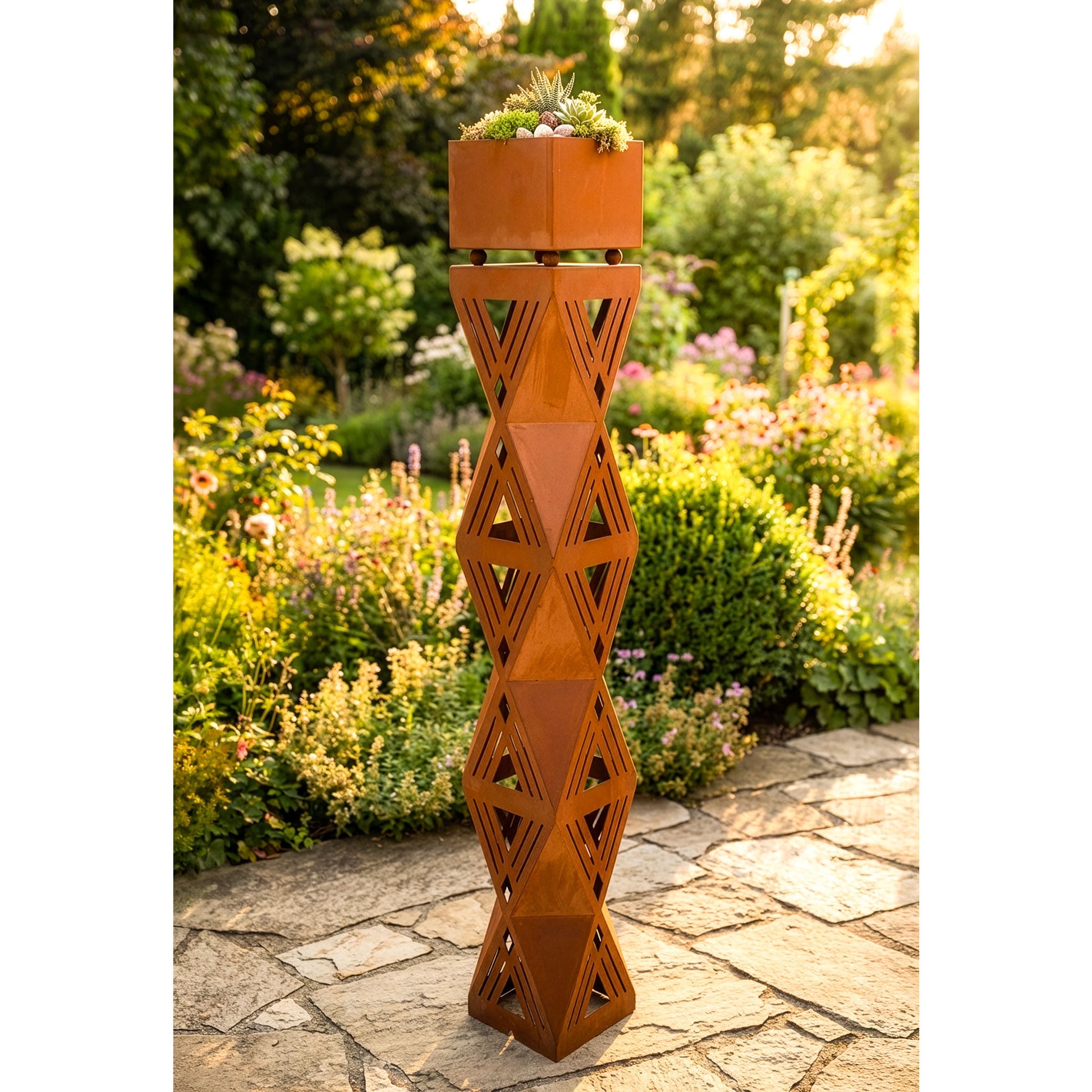 Säule Prisma Edelrost-Gartensäule mit Blumentrog und 4-seitigem Design H: 140 cm