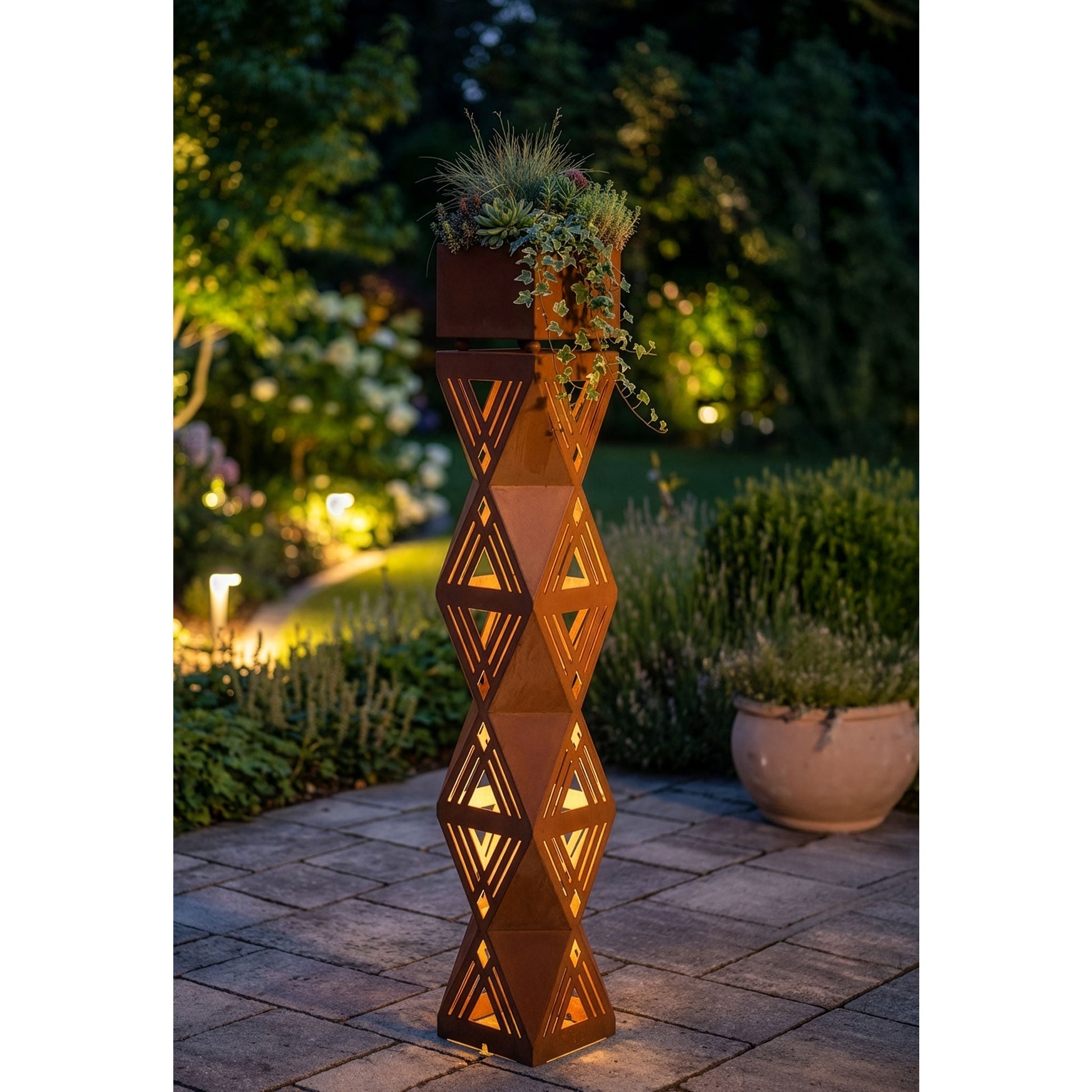 Säule Prisma Edelrost-Gartensäule mit Blumentrog und 4-seitigem Design H: 140 cm