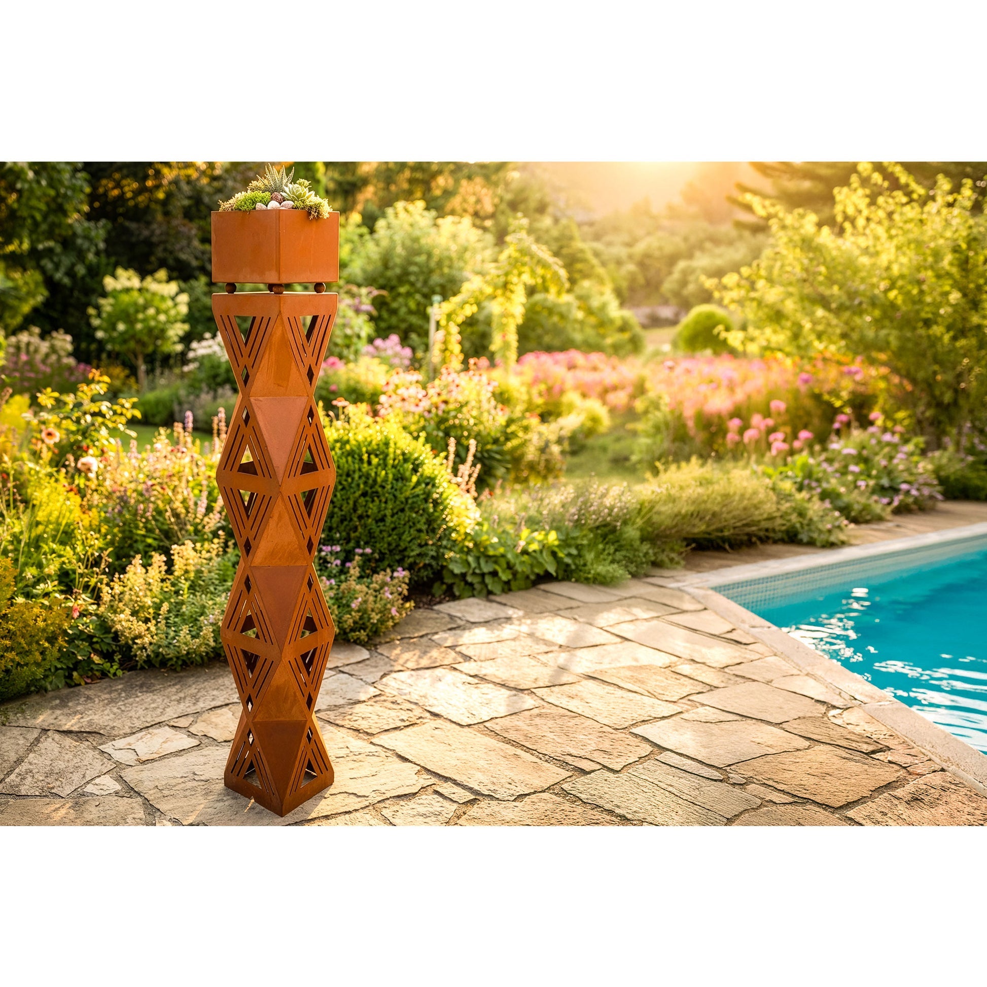 Säule Prisma Edelrost-Gartensäule mit Blumentrog und 4-seitigem Design H: 140 cm
