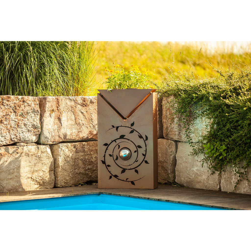 Pflanzsäule Rost - Dornen mit Edelstahlkugel - Inklusive Dreiecks-Schale