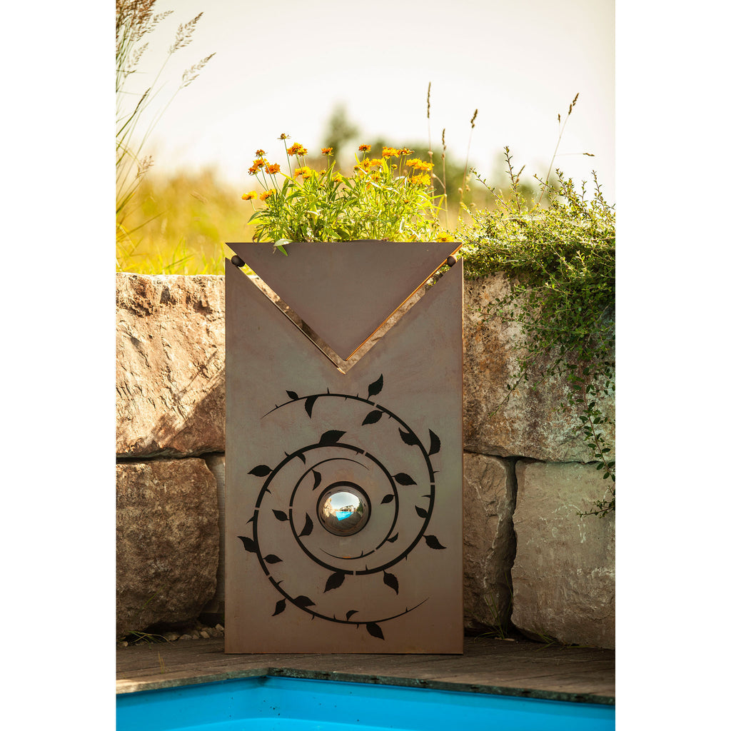 Pflanzsäule Rost - Dornen mit Edelstahlkugel - Inklusive Dreiecks-Schale