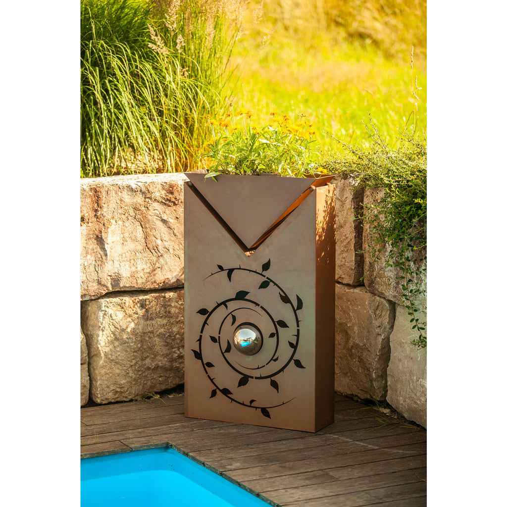 Pflanzsäule Rost - Dornen mit Edelstahlkugel - Inklusive Dreiecks-Schale