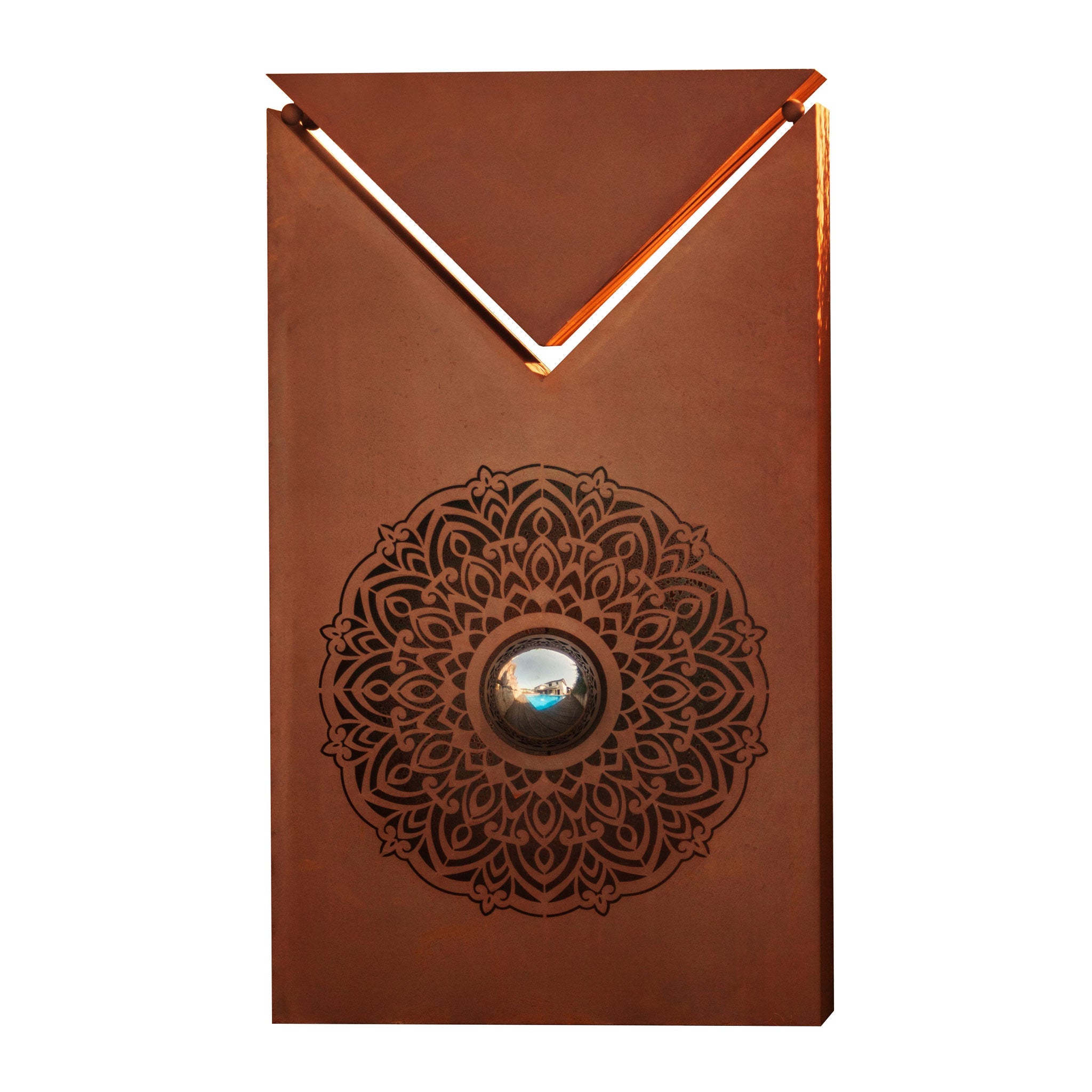 Pflanzsäule mit Mandala Motiv und Edelstahlkugel - Inklusive Dreiecks-Schale