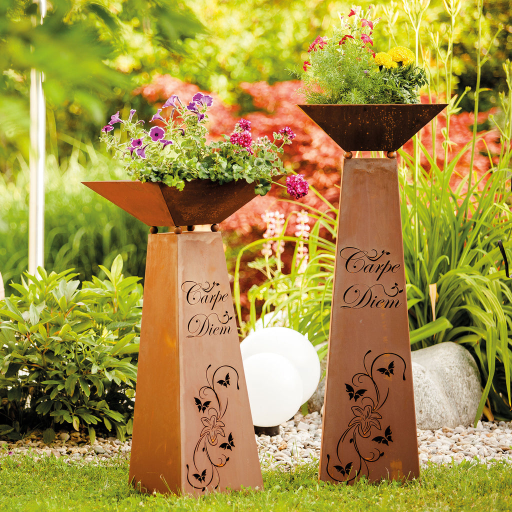 Rost Garten Säule Trapez - Carpe Diem aus Metall im Edelrost Design Rostsäule