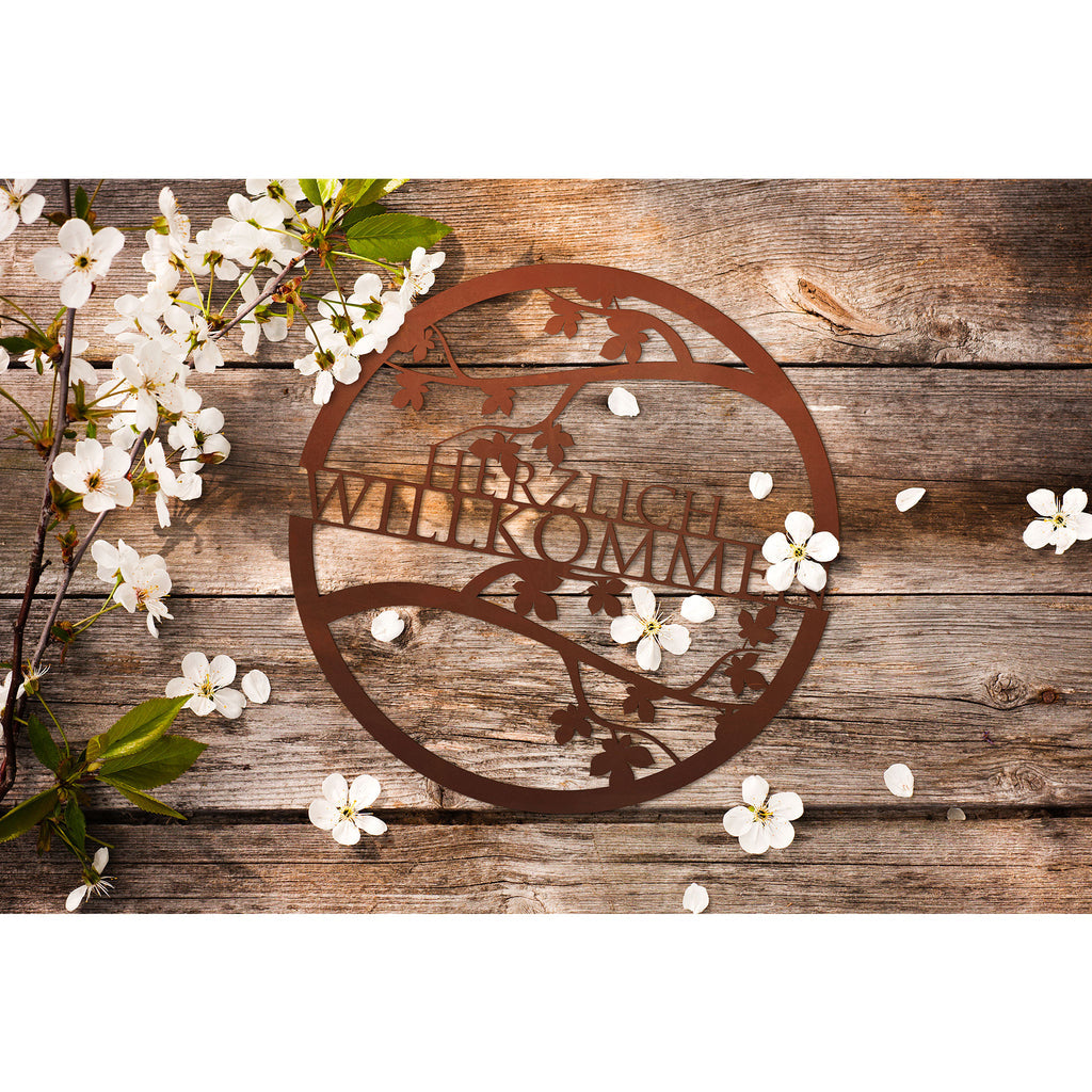 Schild - Blumiges Willkommen - im Edelrostdesign Türdeko Gartendeko Wanddeko