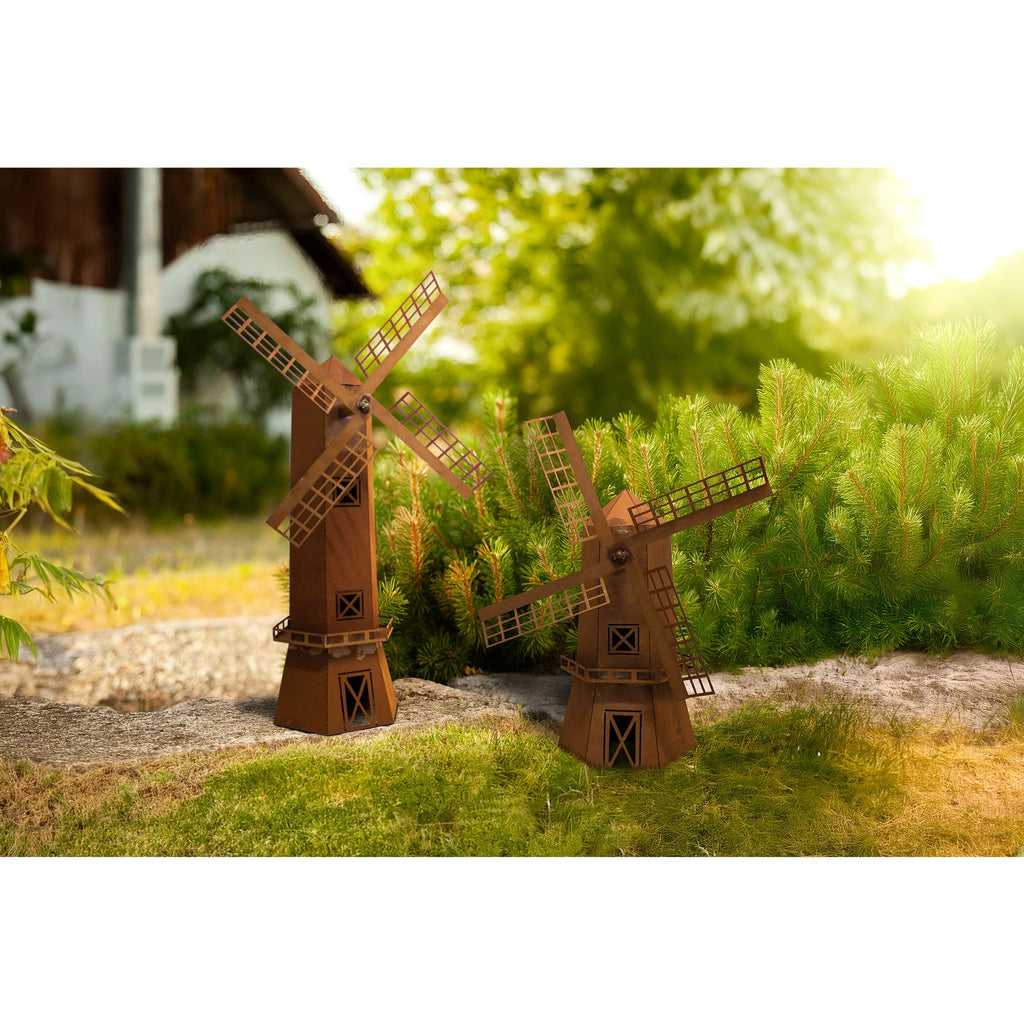 Segelwindmühlen Edelrost Windmühlen mit drehbarem Mühlenrad, 2er-Set