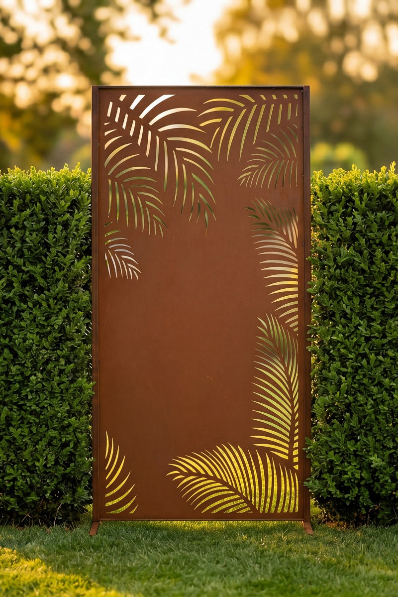 Sichtschutzwand Tropic aus Edelrost Parawand Palmblatt-Design 200 × 100 cm